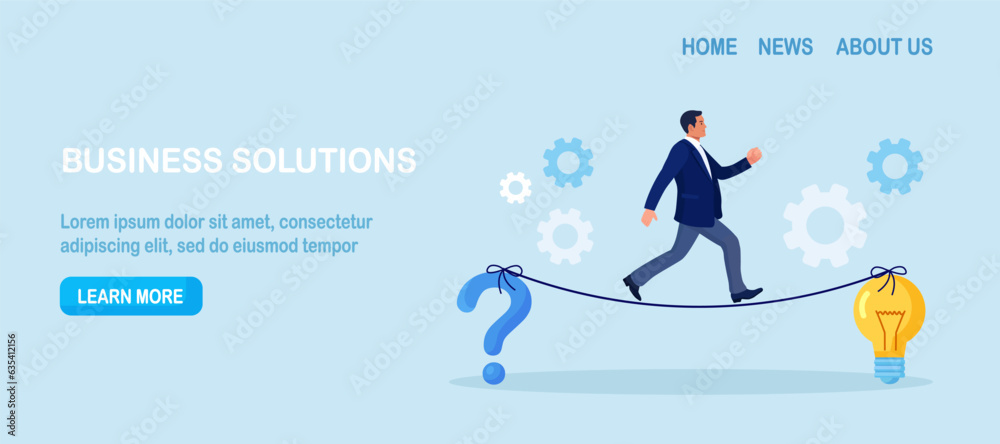 Businessman walking on rope stretched between question mark and light bulb. Finding solutions to problems. Human thoughts process. Problem solving skill, critical thinking. Business innovations Businessman walking on rope stretched between question mark and light bulb. Finding solutions to problems. Human thoughts process. Problem solving skill, critical thinking. Business innovations