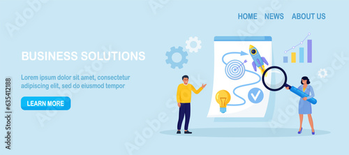 Business solution, strategy. Businessmen planning, testing startup ideas and analyzing marketing data. Success business idea, innovation or invention to reach goal. Entrepreneurs start new business