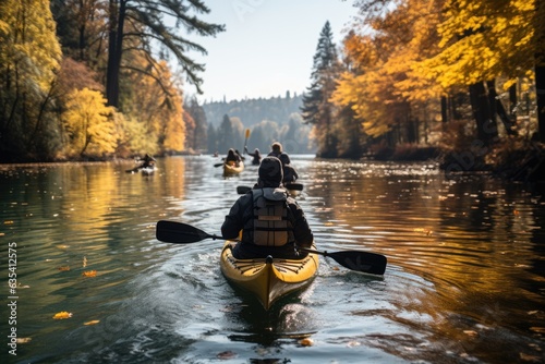 Tableau sur toile Fall Kayak Excursion Kayakers paddling - stock photo concepts