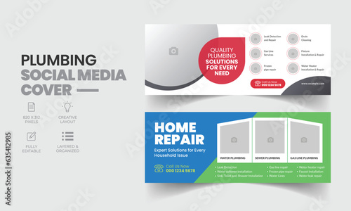 Plumbing service social media cover template with professional handyman home repair web banner design layout