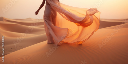 Woman in a long dress walking in the desert with flowing fabric in the wind