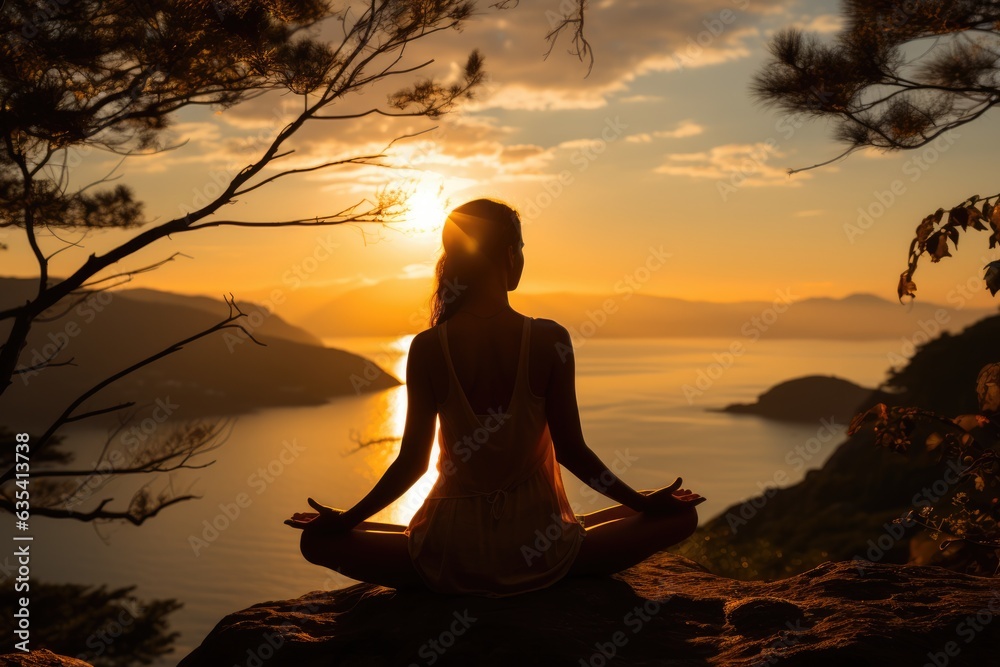 Morning Sunrise Yoga Person practicing yoga as the sun  - stock photo concepts