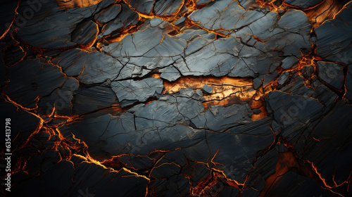 Fényképezés Cracked ground with wooden-textured illuminated with lava-like light from beneath the cracks