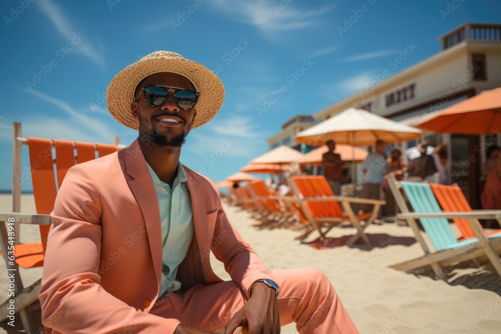 Posing near colorful lifeguard towers on the beach - stock photo concepts