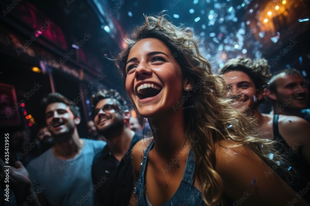 Posing with a group of friends in a lively nightclub - stock photo concepts