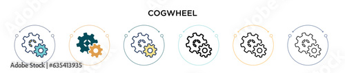 Cogwheel icon in filled, thin line, outline and stroke style. Vector illustration of two colored and black cogwheel vector icons designs can be used for mobile, ui, web