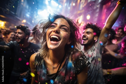 Posing with a group of friends in a lively nightclub - stock photo concepts