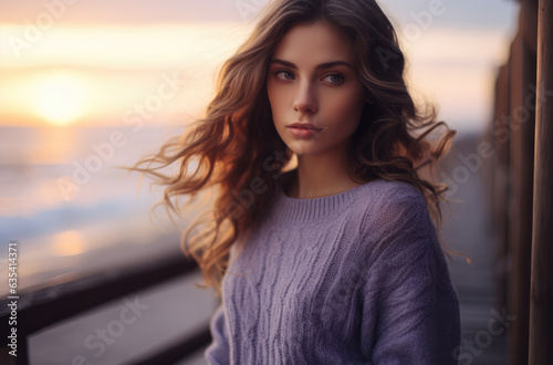 Multicultural young woman wearing a lavender sweater on the boardwalk of a coastal area. Generative AI.