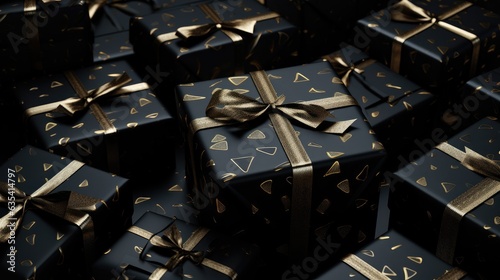 Black gift boxes on dark background. Sale. Black Friday. created with Generative AI technology