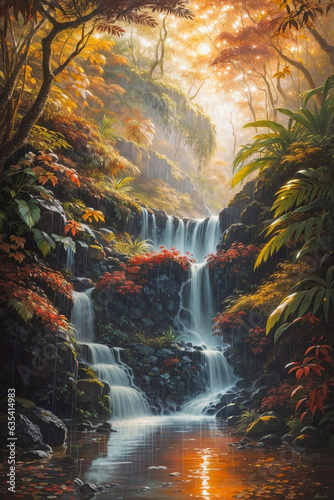 Beautiful image of rain forest in Costa Rica, oil technique drawing, romantic painting, calm, precious, autumn weather with a sunset. Image created using artificial intelligence.