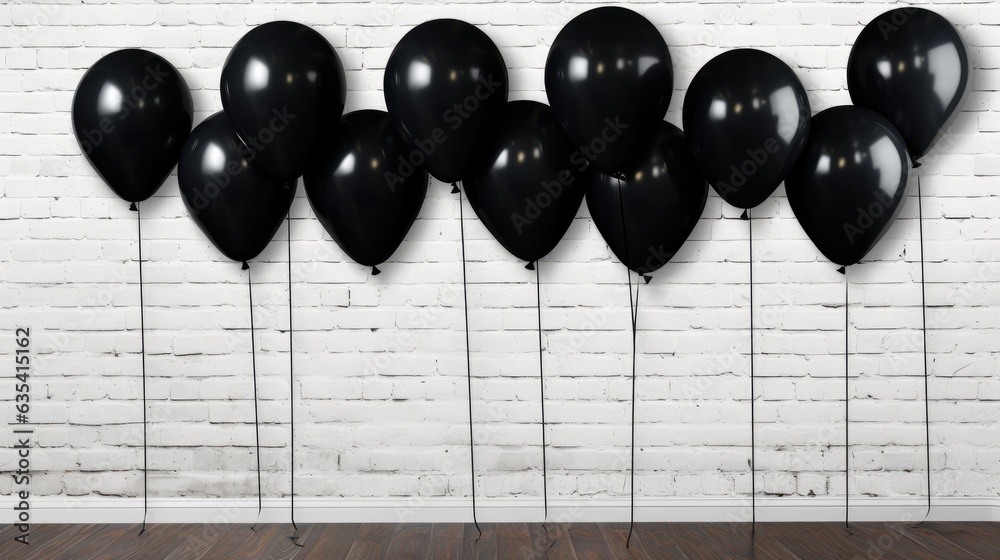 close-up view of shiny black balloons on a white brick wall created with Generative AI technology close-up view of shiny black balloons on a white brick wall created with Generative AI technology