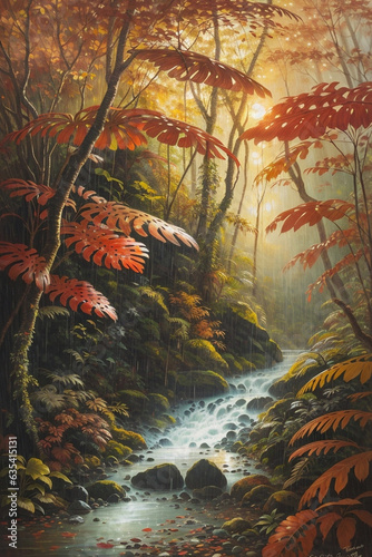 Beautiful image of rain forest in Costa Rica  oil technique drawing  romantic painting  calm  precious  autumn weather with a sunset. Image created using artificial intelligence.