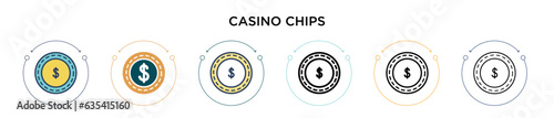 Casino chips icon in filled, thin line, outline and stroke style. Vector illustration of two colored and black casino chips vector icons designs can be used for mobile, ui, web