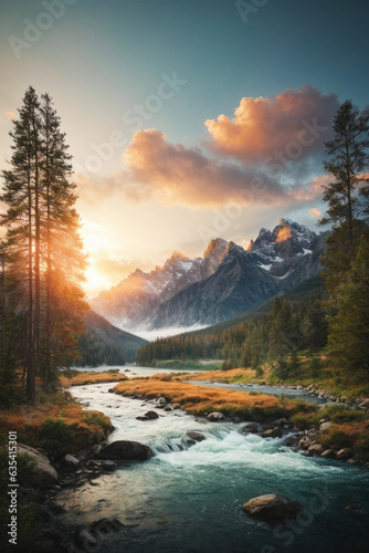 highly detailed nature vector illustration, sunset, mountain, river, wave, pine trees. Image created using artificial intelligence.