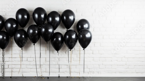 close-up view of shiny black balloons on a white brick wall created with Generative AI technology