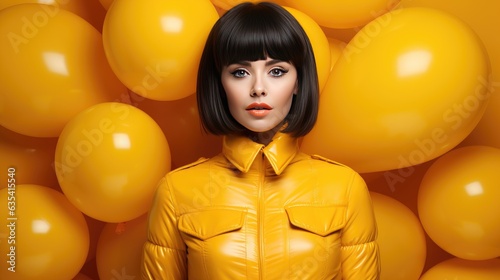 Girl on the background of yellow balloons. black friday sale holiday concept created with Generative AI technology