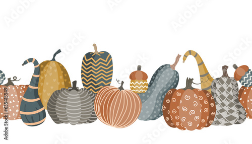 Cute doodle pumpkins harvest seamless pattern. Halloween or Thanksgiving day border background. Vector illustration.