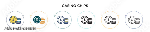 Casino chips icon in filled, thin line, outline and stroke style. Vector illustration of two colored and black casino chips vector icons designs can be used for mobile, ui, web