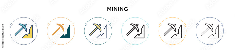 Mining icon in filled, thin line, outline and stroke style. Vector illustration of two colored and black mining vector icons designs can be used for mobile, ui, web