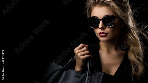Black Friday discounts. Sale, fashion, people and luxury. Shopping woman holding a black bag. created with Generative AI technology