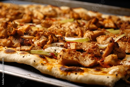 Chicken shawarma flatbread, freshly baked with crispy edges and a soft center, topped with sesame seeds, in a close-up shot.