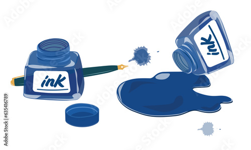Blue ink bottle vector set. Ink pot or inkpot vector. Dropped ink bottle. Stationery, office supplies or school supplies collection. Back to school concept. Flat vector in cartoon style.