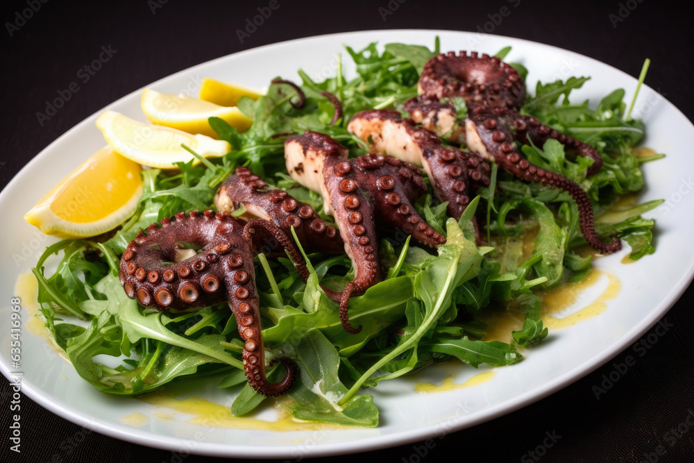 Grilled octopus tentacle, with a side of lemon and olive oil dressing, sliced and arranged on a bed of arugula and shaved Parmesan, presents a delicious and savory appetizer in Mediterranean cuisine