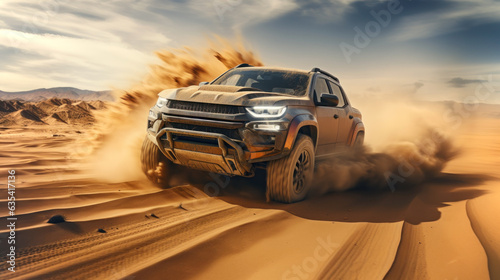 Print op canvas 4x4 off-road SUV driving fast in the desert bashing sand dunes