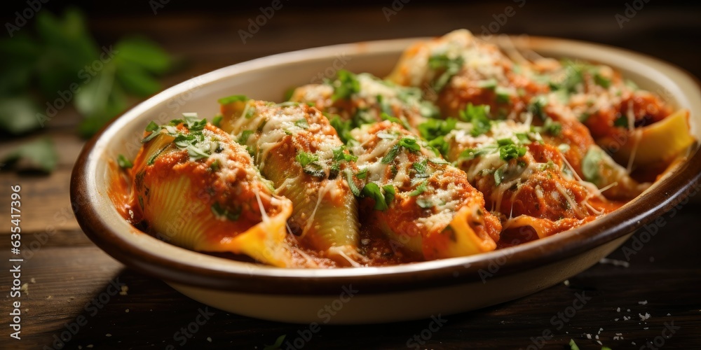 A delicious plate of stuffed shells, oozing with cheesy goodness, sitting on a rustic wooden table in a cozy kitchen. The warm, inviting atmosphere 🍝🧀