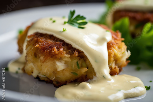 Crab cakes with chunks of succulent crab meat, spices, and creamy aioli sauce – a mouth-watering, homemade delicacy for seafood lovers.