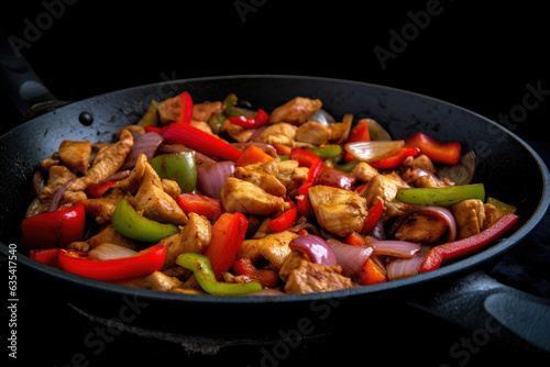 Szechuan chicken stir fry with red and green bell peppers, onions, and garlic cooked in a black cast iron skillet, capturing the vibrant and delicious flavors of Chinese cuisine.