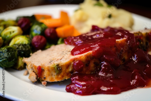 Turkey meatloaf topped with tangy cranberry sauce and served with a side of roasted veggies, a savory and juicy comfort food dinner.
