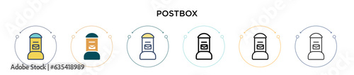 Postbox icon in filled, thin line, outline and stroke style. Vector illustration of two colored and black postbox vector icons designs can be used for mobile, ui, web