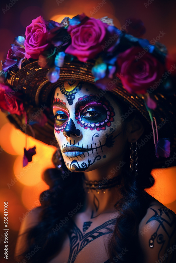 La Catrina dia de muertos schöne Frau mit Maske / Make-up, dekoriert mit Blumen Kostüm. Tag der Toten in Mexico. Hochkant. Hochformat. Generative Ai.