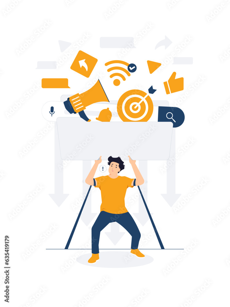 Overwhelmed, overworked, work overload, many task, busy, frustrated, appointment, tired, exhausted. Man holding huge heavy burden from multitasking concept illustration