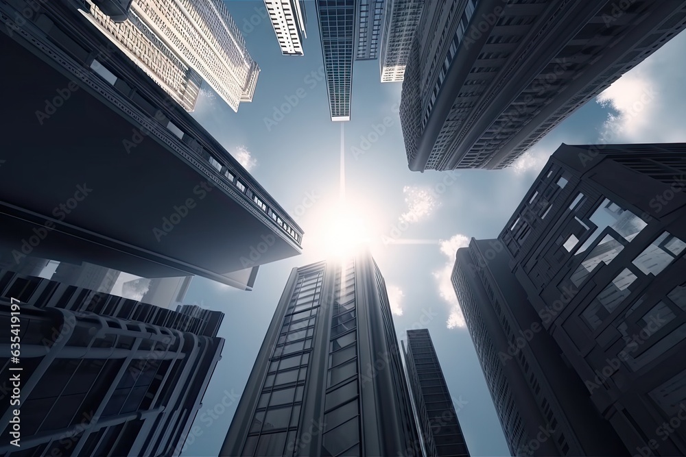 Sunlit Skyscraper. Captivating Business Cityscape with Towering Skyline as Background