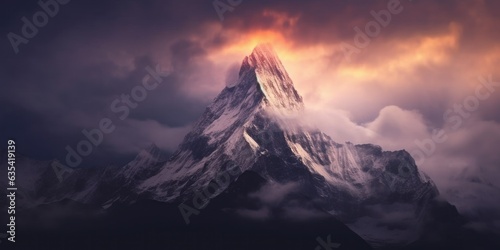 Cloudy Mountain Peak - A solitary mountain peak emerges through the clouds  an awe-inspiring sight against the sky.              