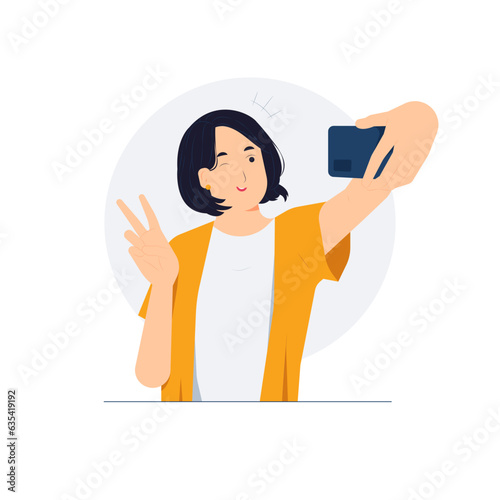 Beautiful woman laughing and showing peace sign gesture while taking selfie photo on mobile smart phone concept illustration