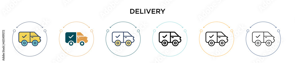 Delivery icon in filled, thin line, outline and stroke style. Vector illustration of two colored and black delivery vector icons designs can be used for mobile, ui, web