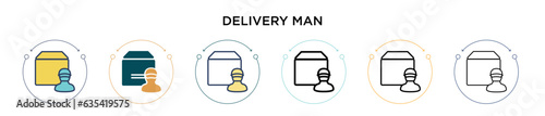 Delivery man icon in filled, thin line, outline and stroke style. Vector illustration of two colored and black delivery man vector icons designs can be used for mobile, ui, web