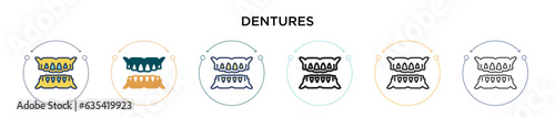 Dentures icon in filled, thin line, outline and stroke style. Vector illustration of two colored and black dentures vector icons designs can be used for mobile, ui, web