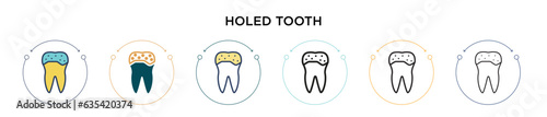 Holed tooth icon in filled, thin line, outline and stroke style. Vector illustration of two colored and black holed tooth vector icons designs can be used for mobile, ui, web