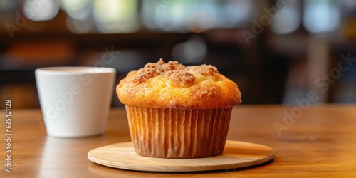 Freshly baked banana muffin, golden and moist. A delightful treat on a cozy morning, paired with a cup of coffee. Soft lighting highlights its inviting crumb, promising 🍌🧁☕