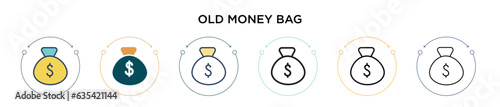 Old money bag icon in filled, thin line, outline and stroke style. Vector illustration of two colored and black old money bag vector icons designs can be used for mobile, ui, web
