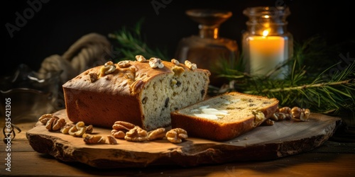 Delectable banana nut bread  adorned with crunchy nuts  a slice of comfort. Perfect for a leisurely breakfast or afternoon snack. Soft lighting brings out the inviting texture .             