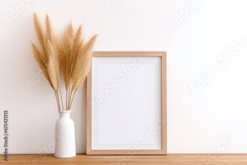 Poster frame on white wall above wooden shelf with vase with pampas grass. Scandinavian home interior design of modern living room