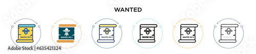 Wanted icon in filled, thin line, outline and stroke style. Vector illustration of two colored and black wanted vector icons designs can be used for mobile, ui, web