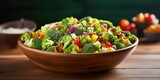 Refreshing broccoli salad, a colorful medley of flavors and textures. Crisp broccoli florets, vibrant veggies, and zesty dressing combine for a burst of deliciousness. Natural lighting 🥦🥕🍅🥗