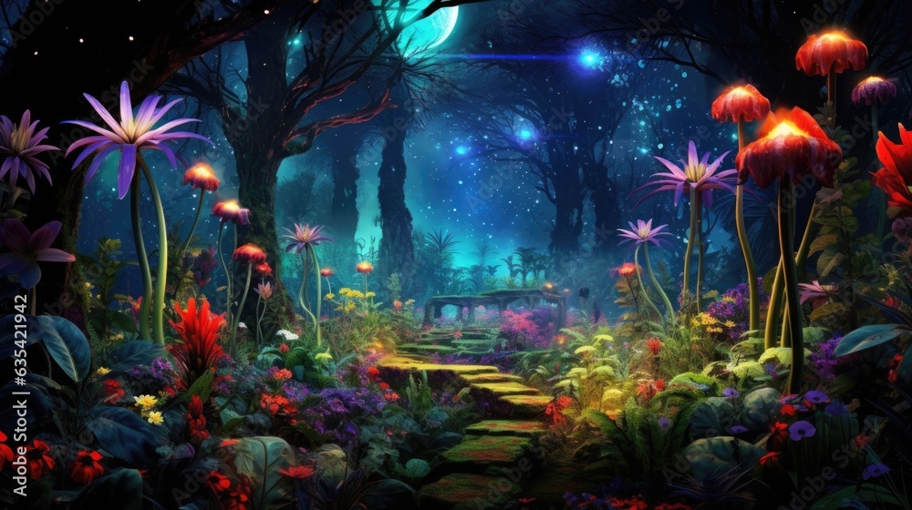 Flowers in glowing cosmic forest or garden landscape. Fantasy fairy tail abstract blossoming alien flowers with galaxy space Universe. Floral magical galaxy background. AI illustration digital art.. Flowers in glowing cosmic forest or garden landscape. Fantasy fairy tail abstract blossoming alien flowers with galaxy space Universe. Floral magical galaxy background. AI illustration digital art..