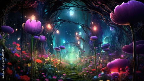 Flowers in glowing cosmic forest or garden landscape. Fantasy fairy tail abstract blossoming alien flowers with galaxy space Universe. Floral magical galaxy background. AI illustration digital art.. © Oksana Smyshliaeva